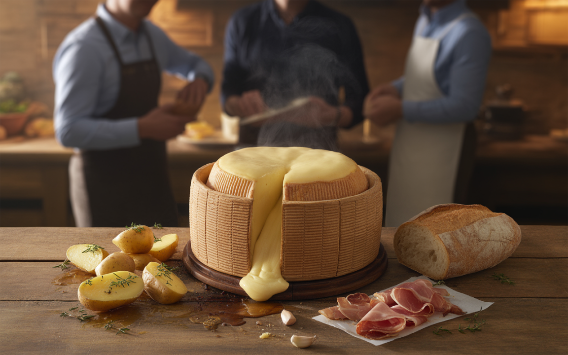 Plateau de fromage fondant, pommes de terre, pain croustillant et charcuterie, dans une ambiance chaleureuse de cuisine.
