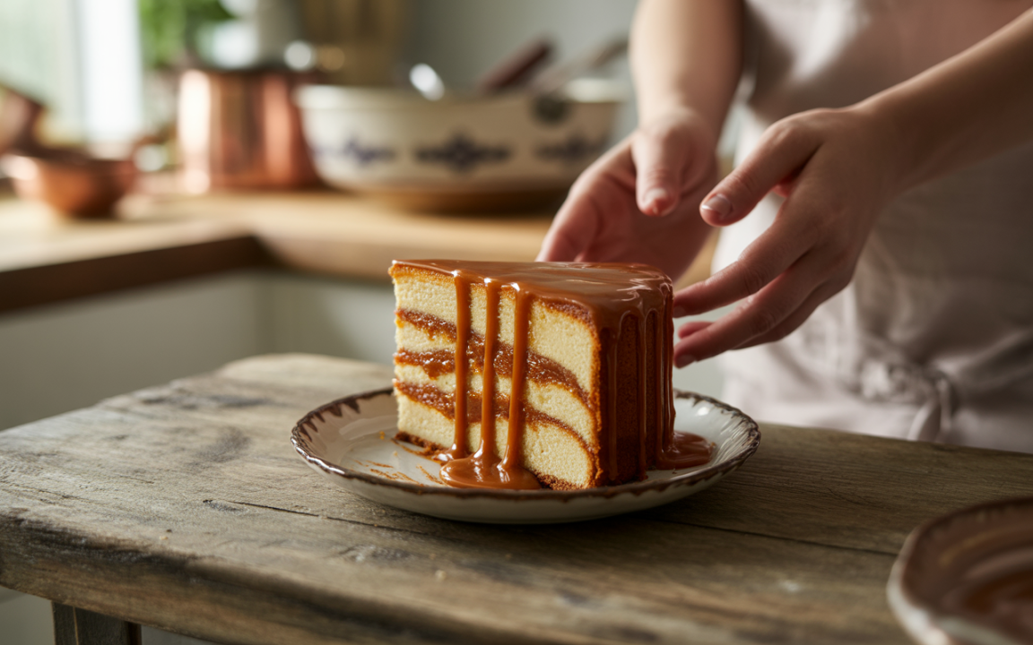 Gâteau à la vanille avec du caramel coulant sur le dessus, posé sur une assiette, mains en train de servir.