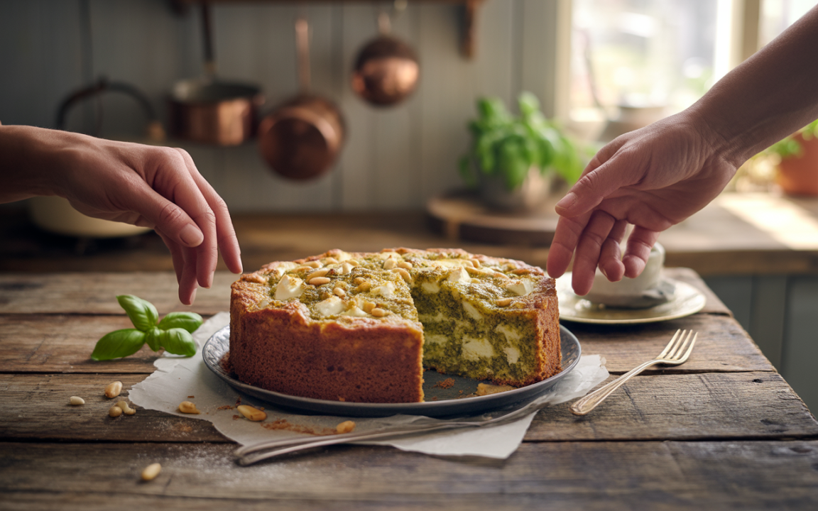 Deux mains s'approchent d'un gâteau décoré de pignons et d'herbes, posé sur une table en bois. Lumière douce, ambiance chaleureuse.