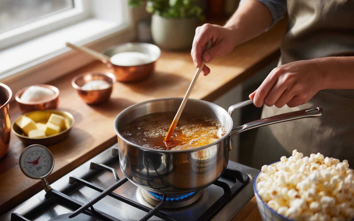 Une personne prépare du caramel dans une casserole, avec du beurre, du sucre, et un saladier de popcorn en arrière-plan.