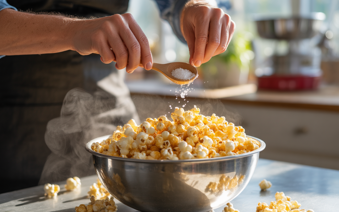 Un bol de popcorn chaud avec une personne ajoutant du sel avec une cuillère en bois, sous un éclairage naturel.