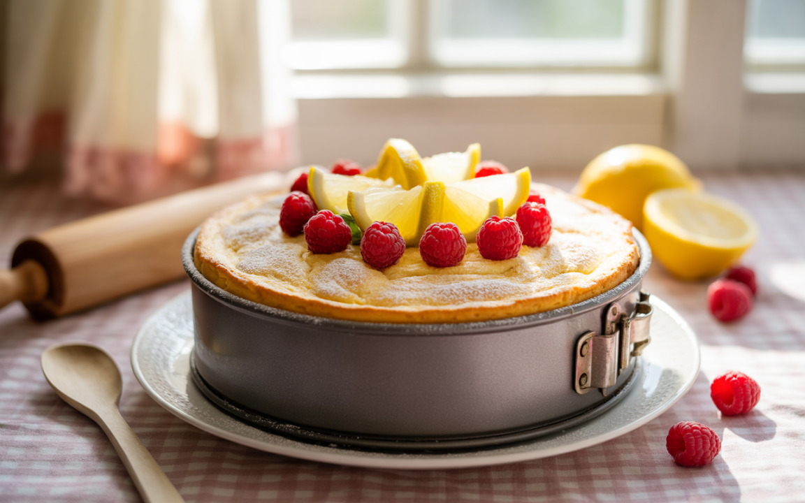 Gâteau garni de framboises et de tranches de citron, sur une table avec rouleau à pâtisserie et citrons.