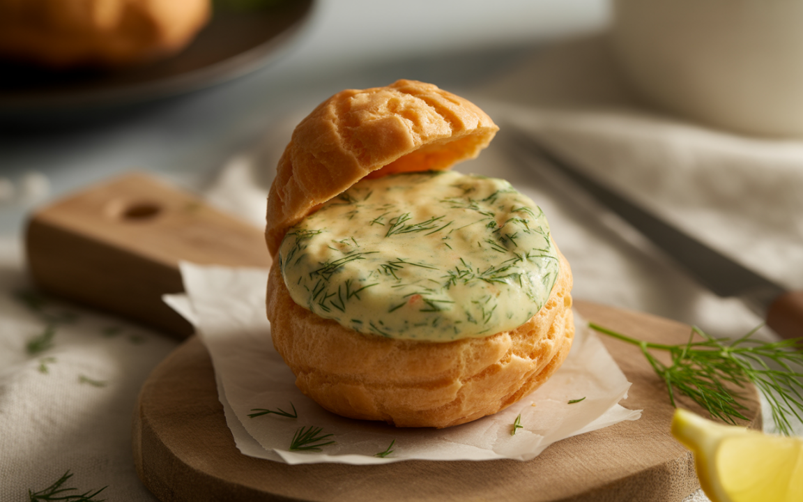 Choux garni de crème aux herbes sur une planche en bois, avec un quartier de citron et des brins d'aneth en arrière-plan.