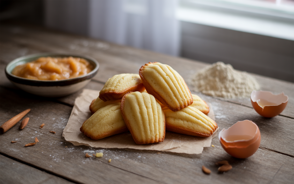 Des madeleines dorées sont empilées sur du papier, accompagnées de compote et d'ingrédients de cuisine sur une table en bois.