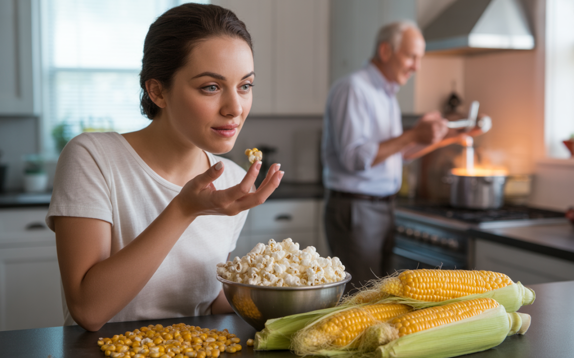 Femme dégustant du pop-corn devant un saladier, tandis qu'un homme prépare un plat en arrière-plan avec des épis de maïs.