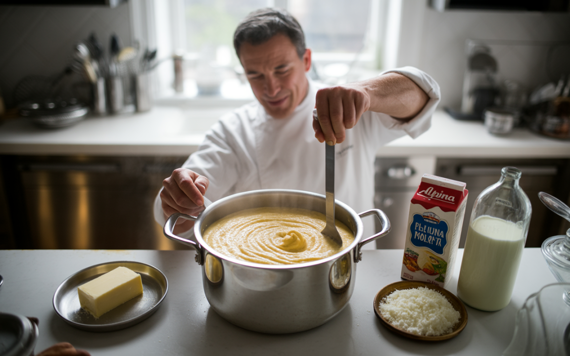 Chef remuant une grande casserole de préparation crémeuse sur un plan de travail, avec du beurre, du lait et du fromage à côté.