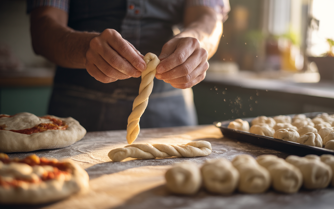 Un homme pétrit de la pâte à pain, formant des torsades, avec des pizzas et des boules de pâte en arrière-plan.