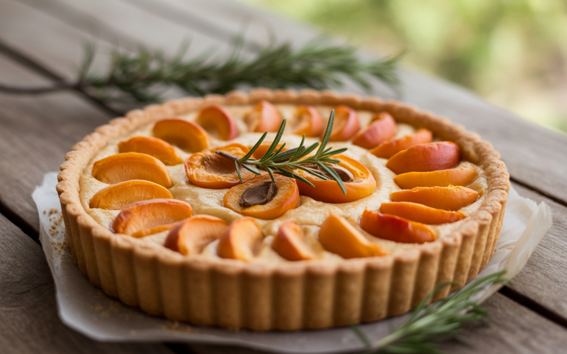 Tarte aux abricots décorée de brins de romarin, posée sur une nappe en bois, ensoleillée et appétissante.