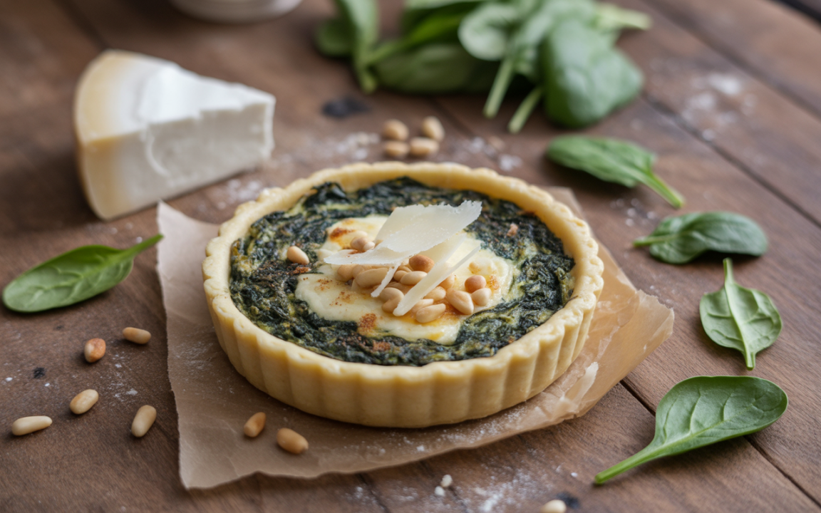 Tarte aux épinards garnie de pignons et copeaux de fromage, entourée de feuilles d'épinards sur une surface en bois.