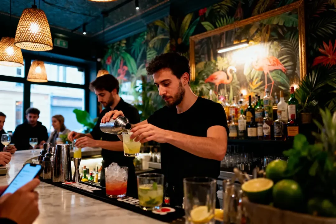 Deux barmans préparent des cocktails dans un bar décoré de motifs tropicaux et lumineux, clients en arrière-plan.