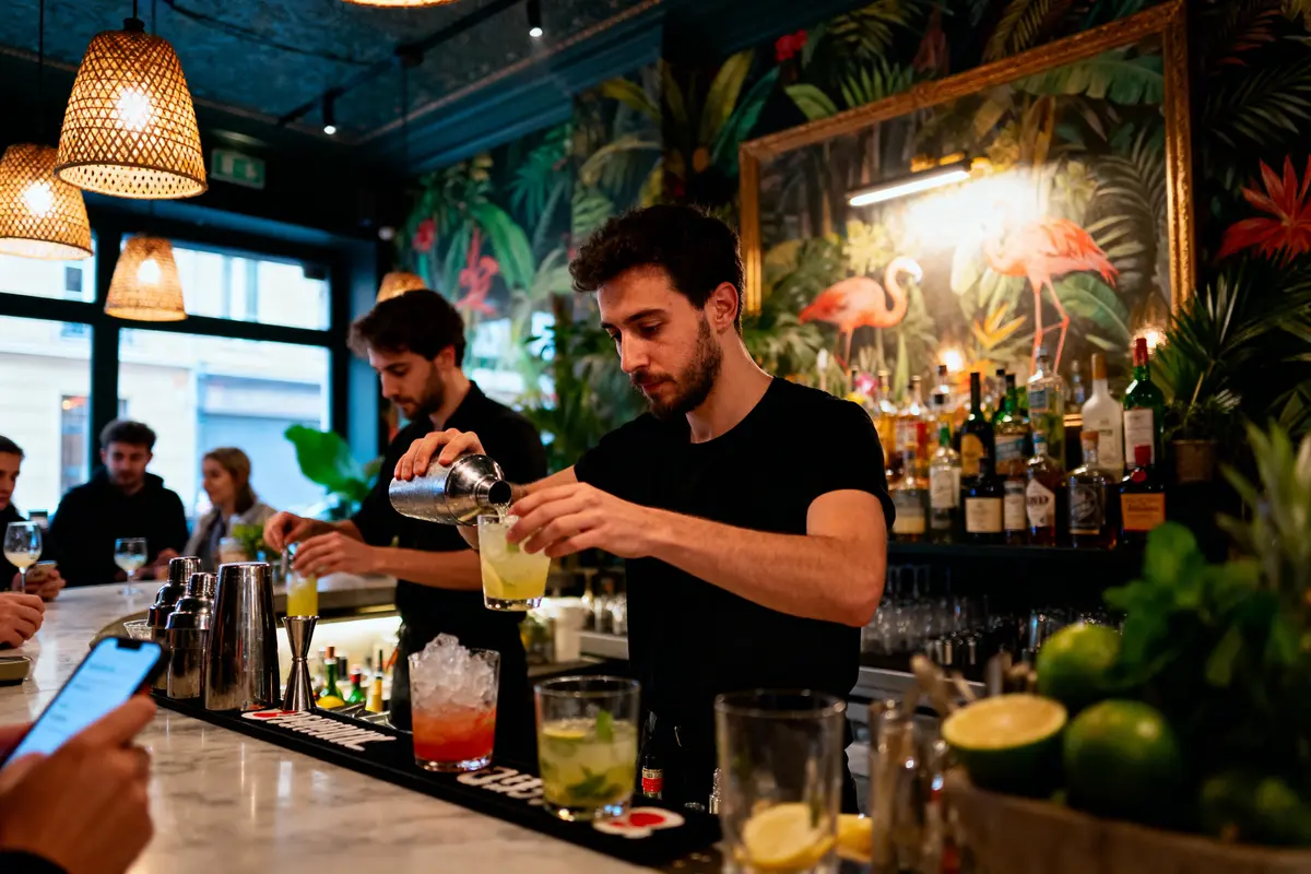 Deux barmans préparent des cocktails dans un bar décoré de motifs tropicaux et lumineux, clients en arrière-plan.