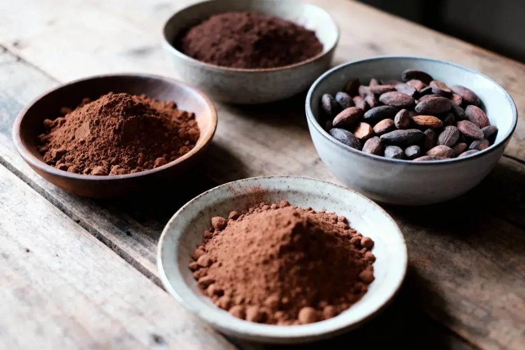 Trois bols de poudre de cacao et fèves de cacao sur une table en bois.
