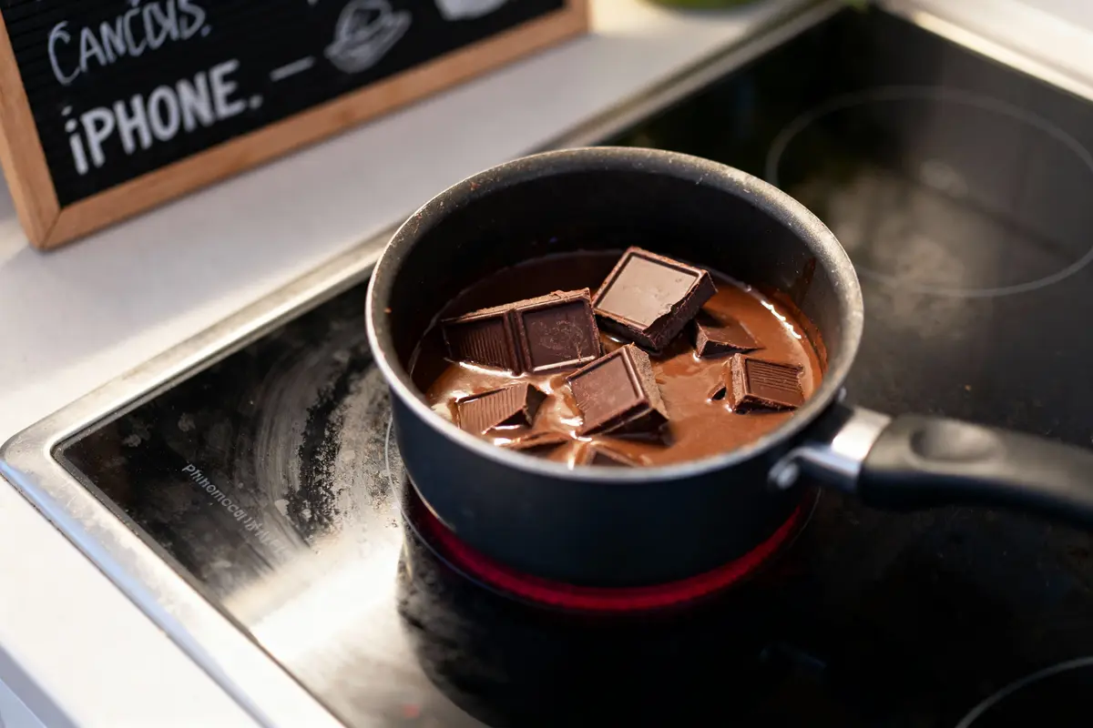 Chocolat en train de fondre dans une casserole sur une plaque de cuisson. Tableau menu à l'arrière-plan.
