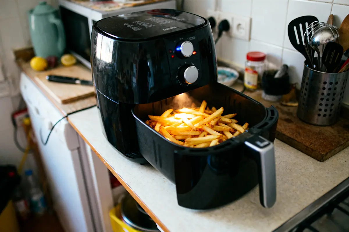 Friteuse à air noir, préparant des frites dorées dans une cuisine avec ustensiles et planche à découper.