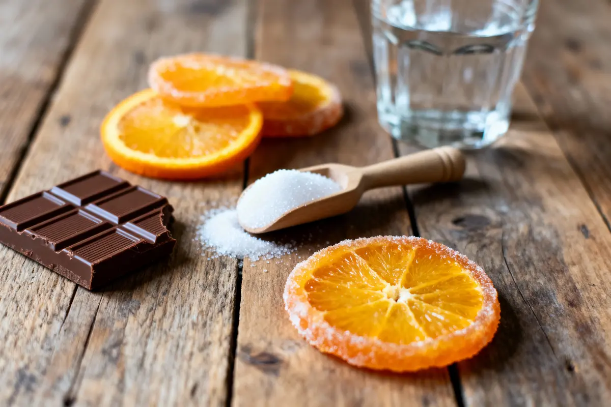 Tranches d'orange confites, tablette de chocolat, sucre en poudre et verre d'eau sur table en bois.