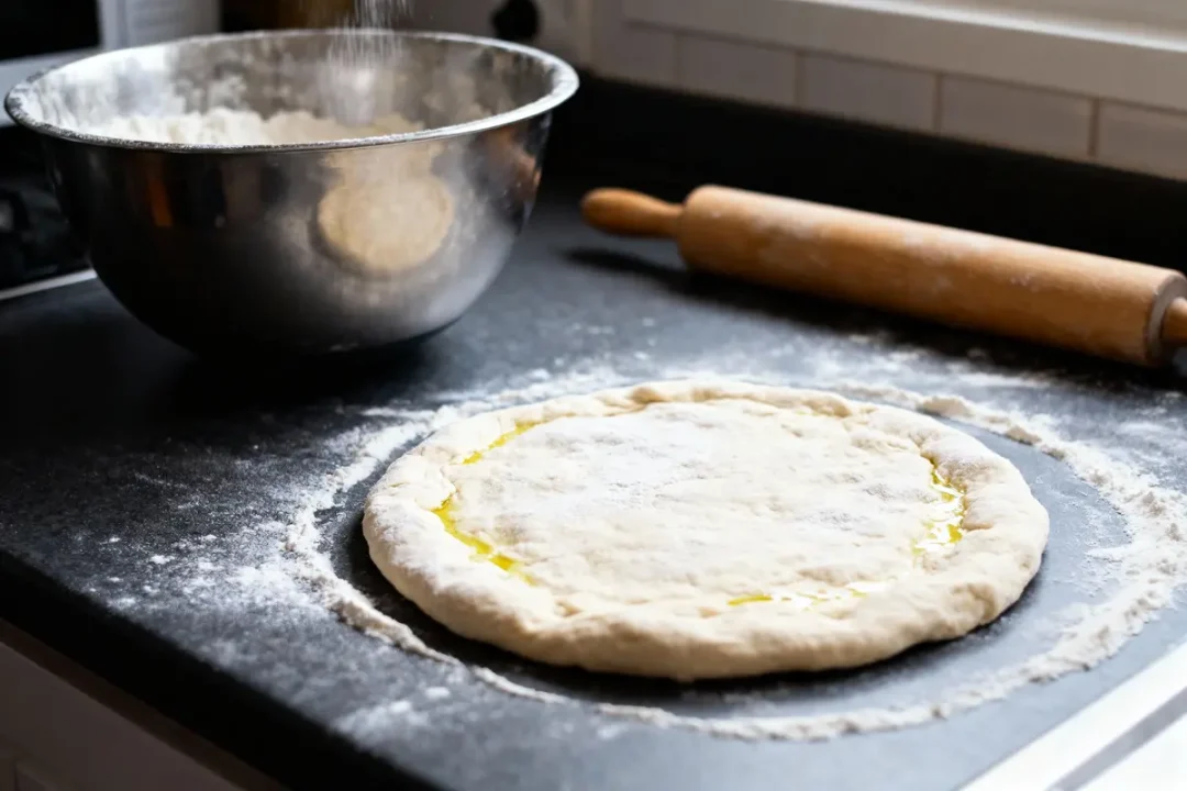Pâte à pizza étalée avec farine, rouleau à pâtisserie et saladier en arrière-plan sur un plan de travail.