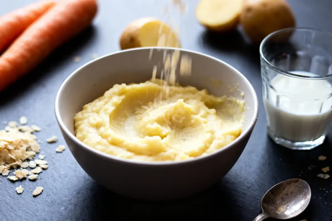 Bol de purée de pommes de terre avec verre de lait, flocons d'avoine, cuillère et légumes en arrière-plan.