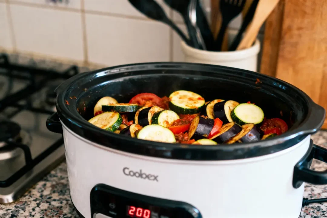 Cuiseur lent avec légumes colorés, courgettes et aubergines, sur comptoir de cuisine.