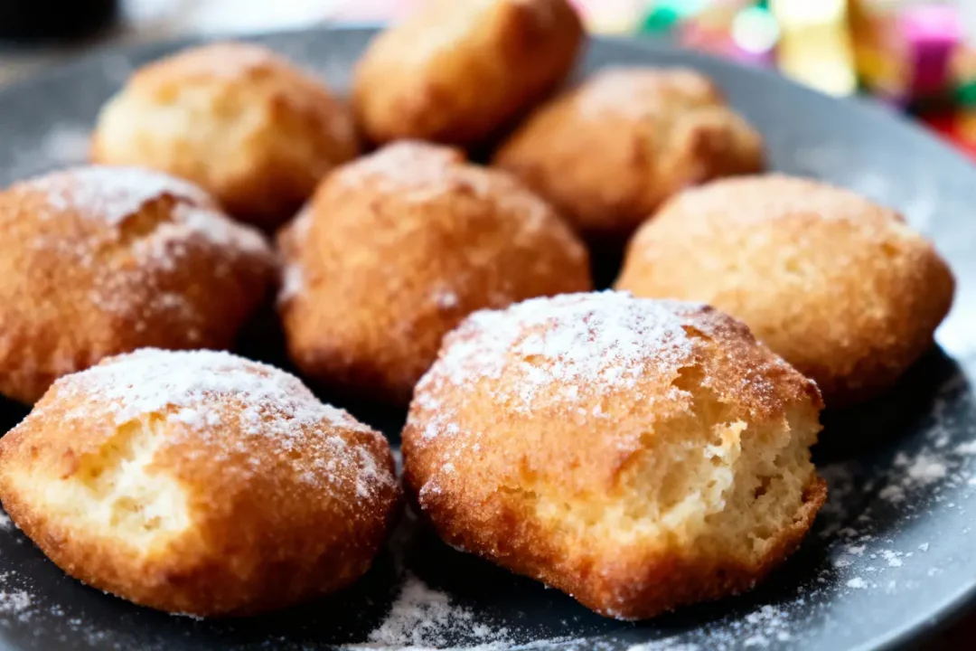 Beignets dorés saupoudrés de sucre sur un plat noir, en gros plan.