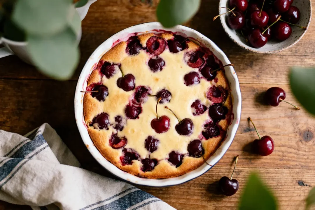 Clafoutis avec cerises fraîches dans un plat rond, sur table en bois, avec torchon et bol de cerises.