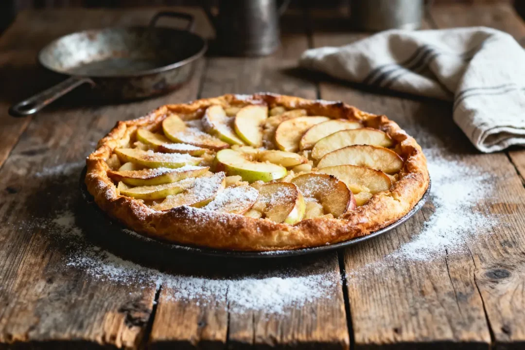 Tarte aux pommes saupoudrée de sucre glace sur une table en bois, avec une poêle et un torchon.