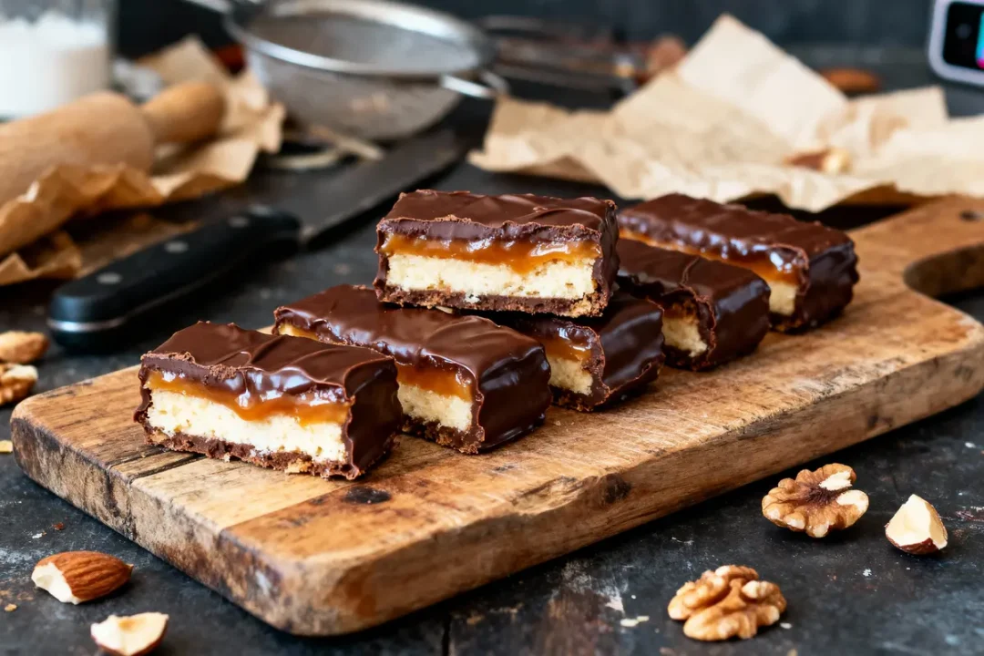 Barres chocolatées avec caramel et biscuit sur planche en bois, entourées de noix et amandes.
