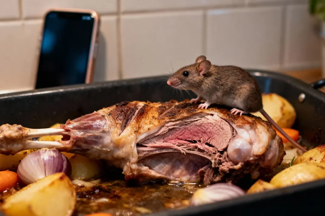 Un rat est assis sur un rôti avec pommes de terre et oignons dans un plat de cuisson. Un téléphone est en arrière-plan.