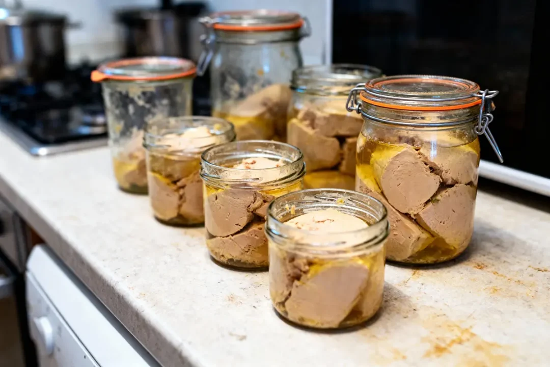 Bocaux de foie gras faits maison posés sur un plan de travail de cuisine.