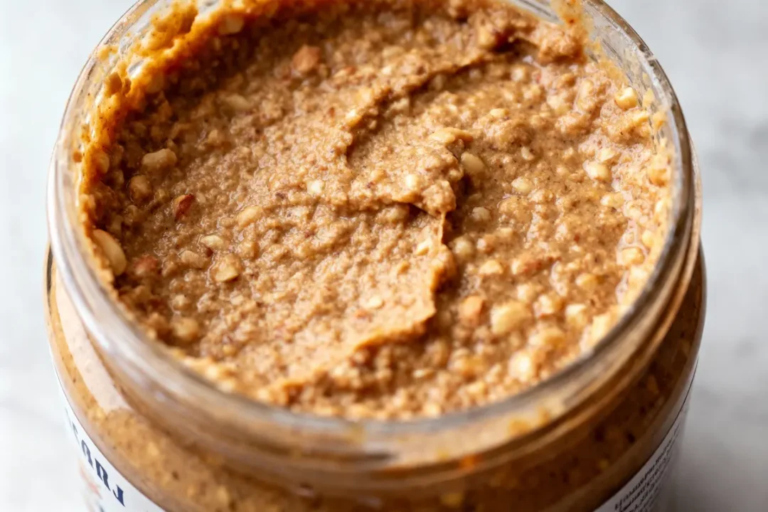 Pot ouvert de beurre de cacahuètes avec texture granuleuse visible à l'intérieur.