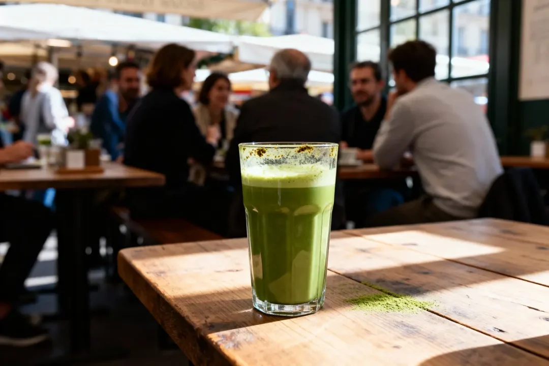 Verre de smoothie vert sur table en bois, avec des personnes discutant en arrière-plan dans un café.