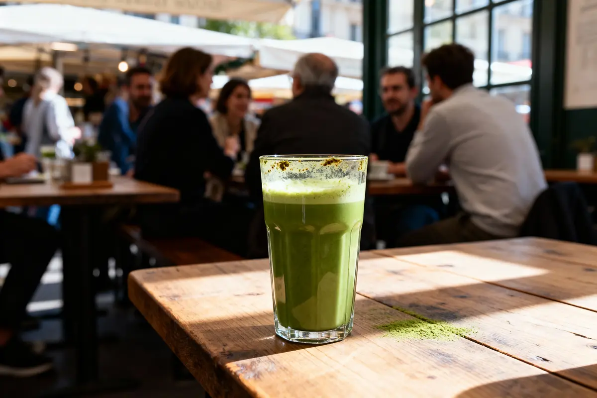 Verre de smoothie vert sur table en bois, avec des personnes discutant en arrière-plan dans un café.