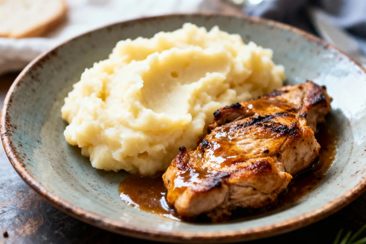 Assiette de purée de pommes de terre et poulet grillé avec sauce, sur une table en bois.