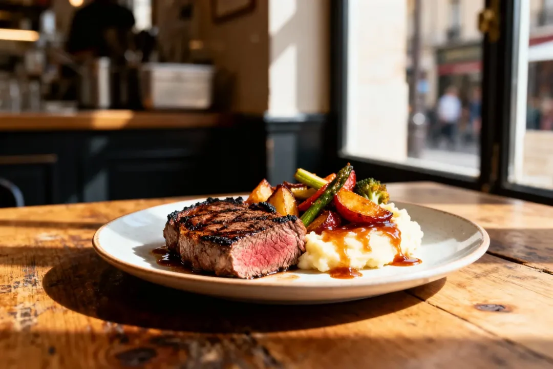 Assiette avec steak grillé, purée de pommes de terre, légumes rôtis, sur table en bois, fond flou.