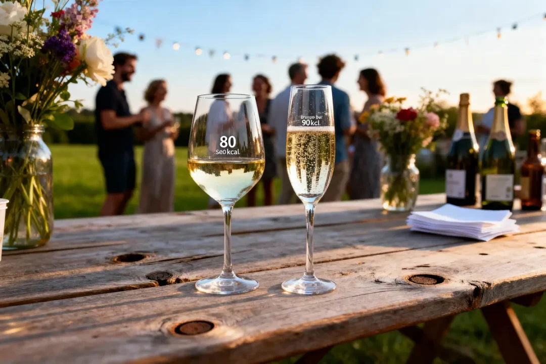 Deux verres de vin sur table en bois, avec personnes floues en arrière-plan, décor extérieur festif.