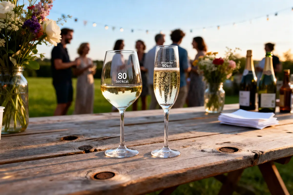 Deux verres de vin sur table en bois, avec personnes floues en arrière-plan, décor extérieur festif.