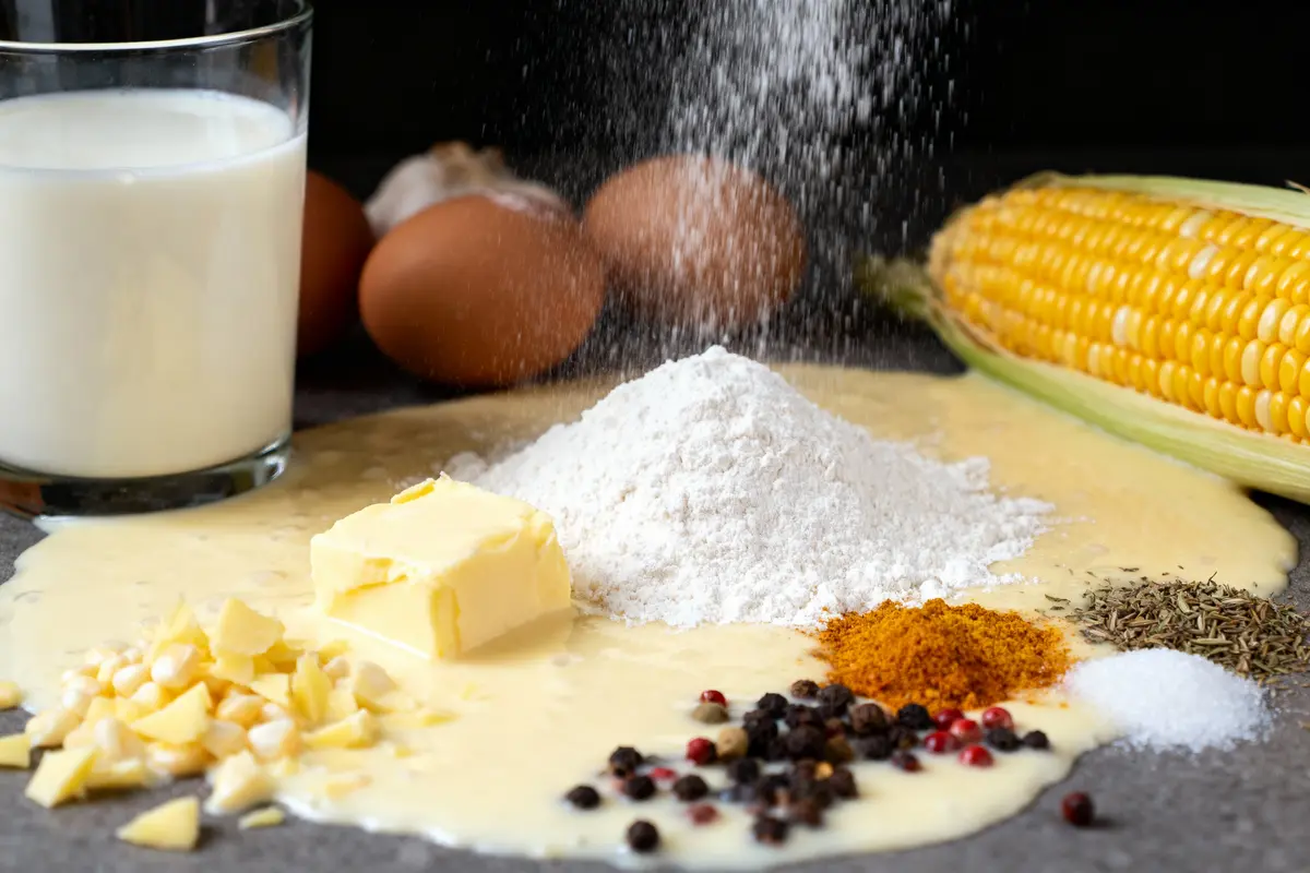 Ingrédients de cuisine : verre de lait, maïs, farine, beurre, épices, poivre, œufs, ail sur table grise.