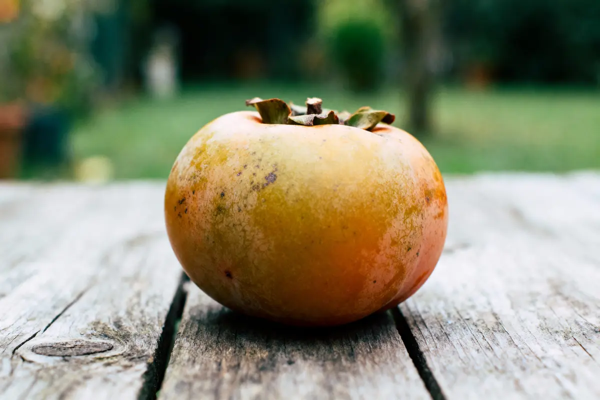 Kaki mûr posé sur une table en bois, arrière-plan flou de jardin verdoyant.