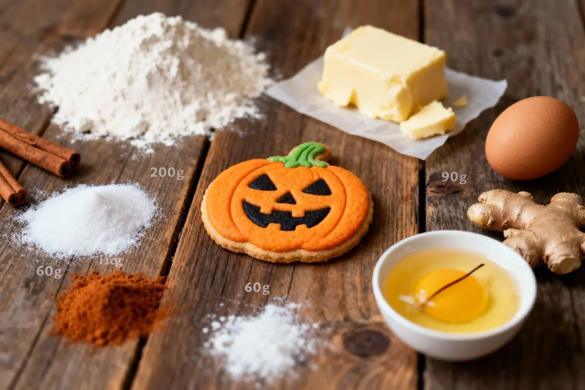 Ingrédients pour biscuits de citrouille : farine, beurre, œuf, épices, sucre, cannelle, gingembre, décorations Halloween.