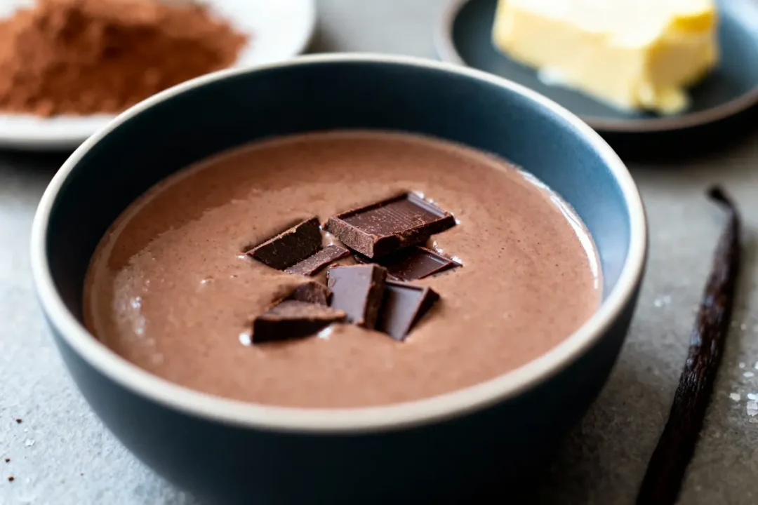 Bol de mousse au chocolat avec morceaux de chocolat, cacao en poudre, beurre et gousse de vanille autour.
