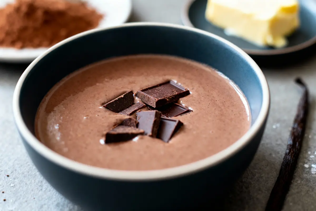 Bol de mousse au chocolat avec morceaux de chocolat, cacao en poudre, beurre et gousse de vanille autour.