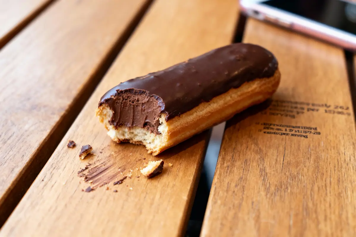 Éclair au chocolat entamé sur table en bois avec téléphone en arrière-plan.