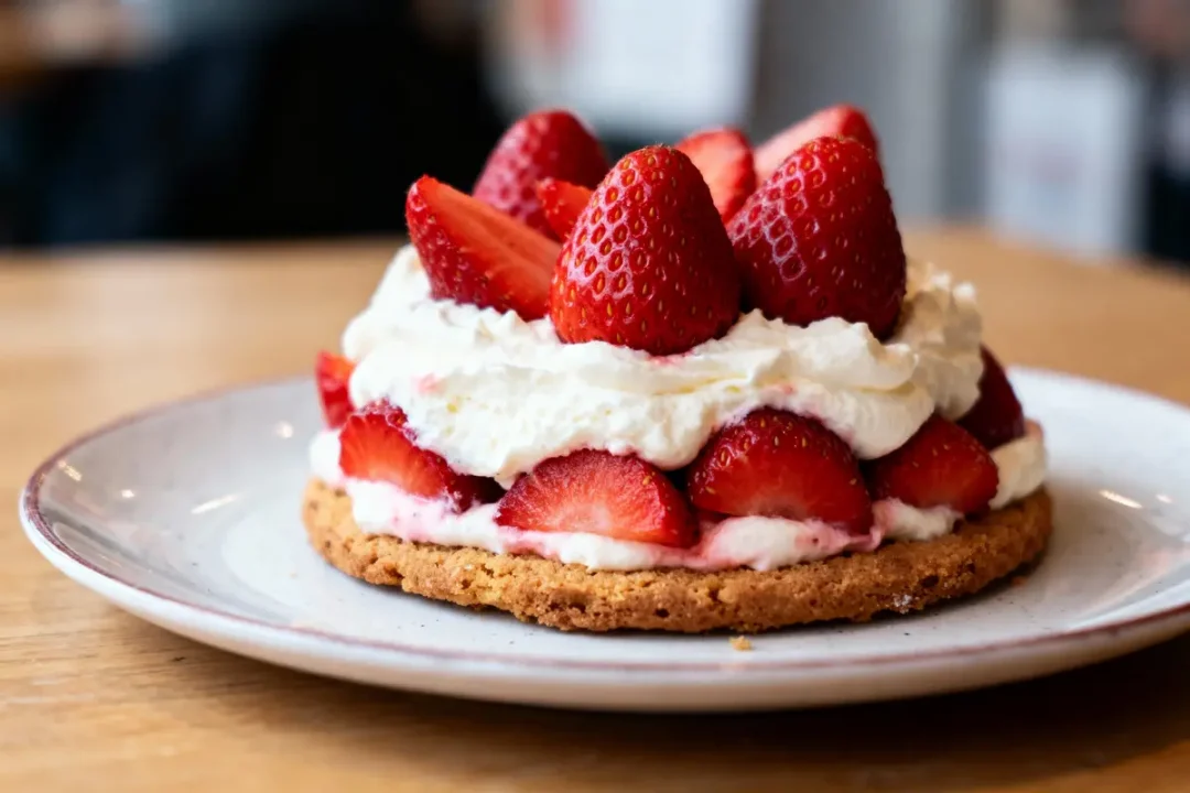 Tarte aux fraises avec chantilly sur assiette blanche, posée sur une table en bois.