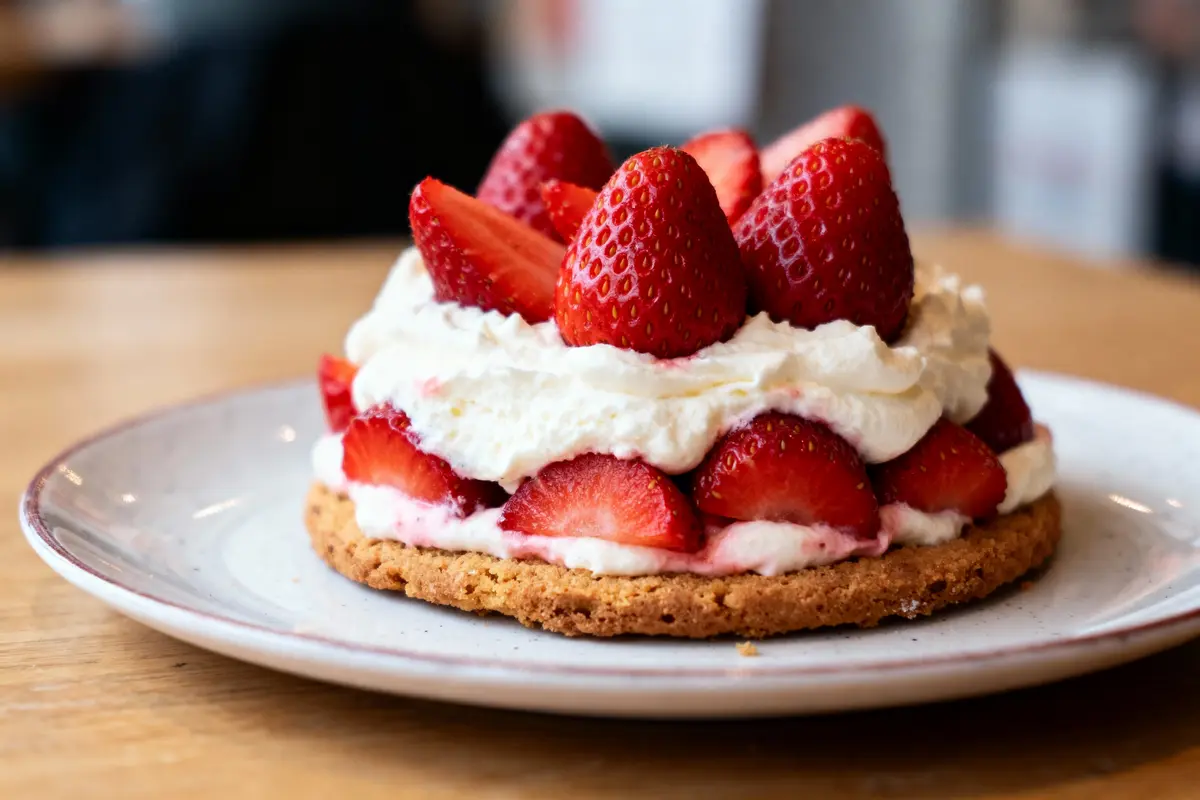 Tarte aux fraises avec chantilly sur assiette blanche, posée sur une table en bois.