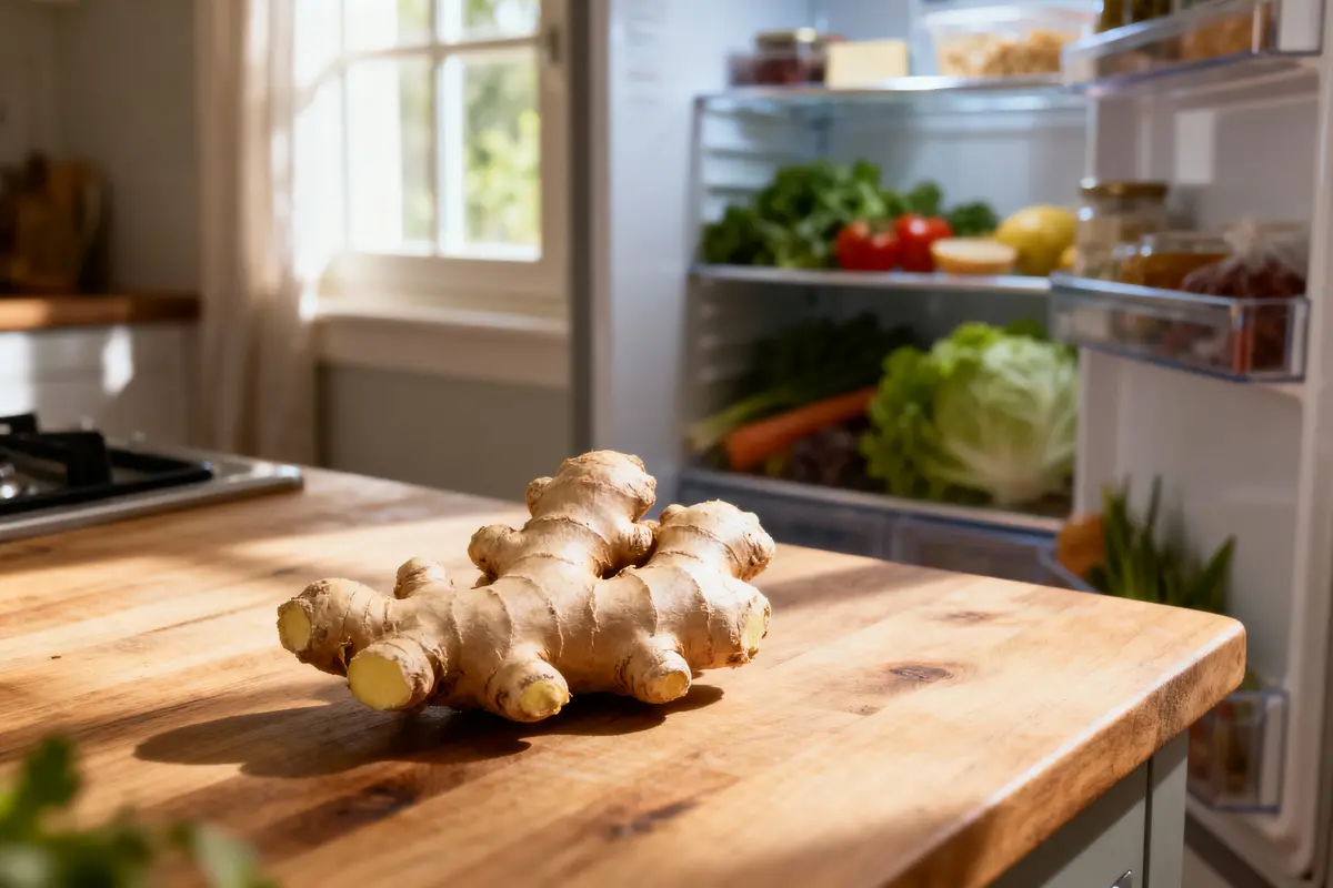 Racine de gingembre sur un plan de travail en bois, réfrigérateur ouvert avec légumes en arrière-plan.