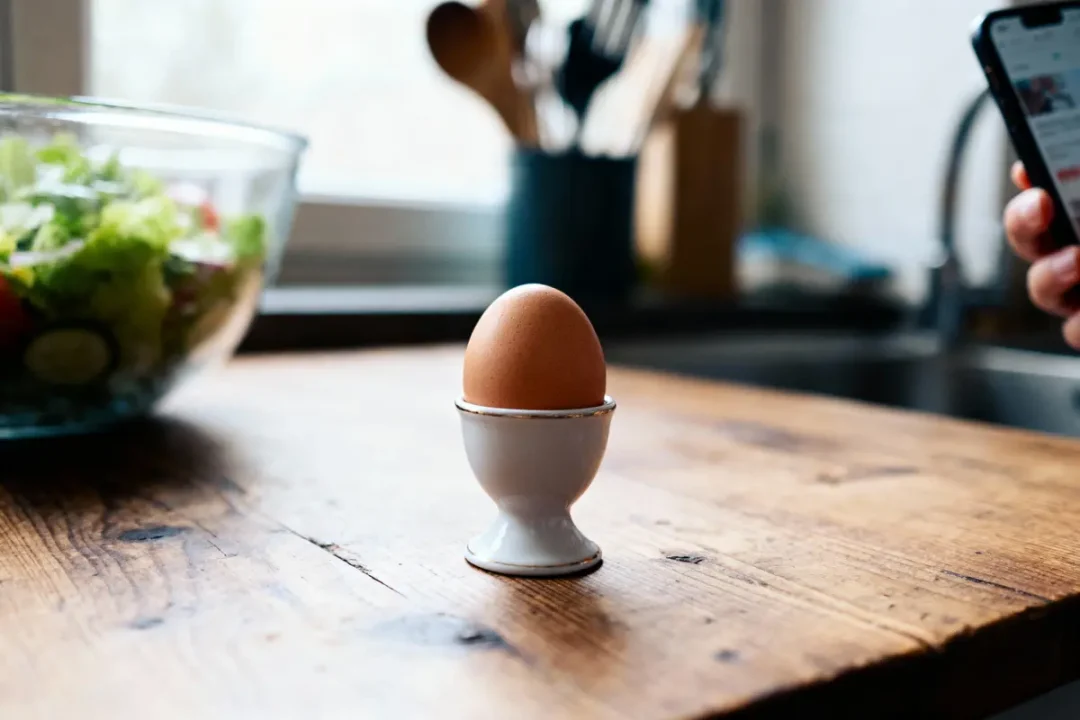 Oeuf dans coquetier sur table en bois, salade et main tenant smartphone en arrière-plan.
