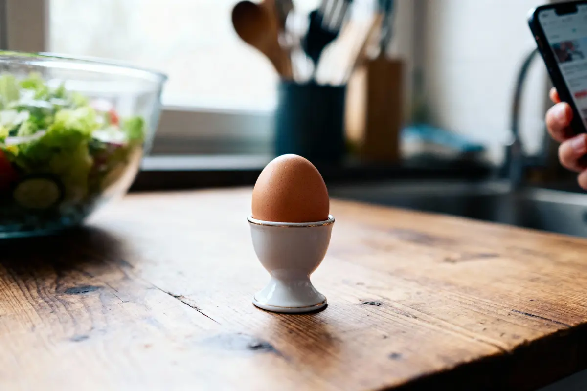 Oeuf dans coquetier sur table en bois, salade et main tenant smartphone en arrière-plan.