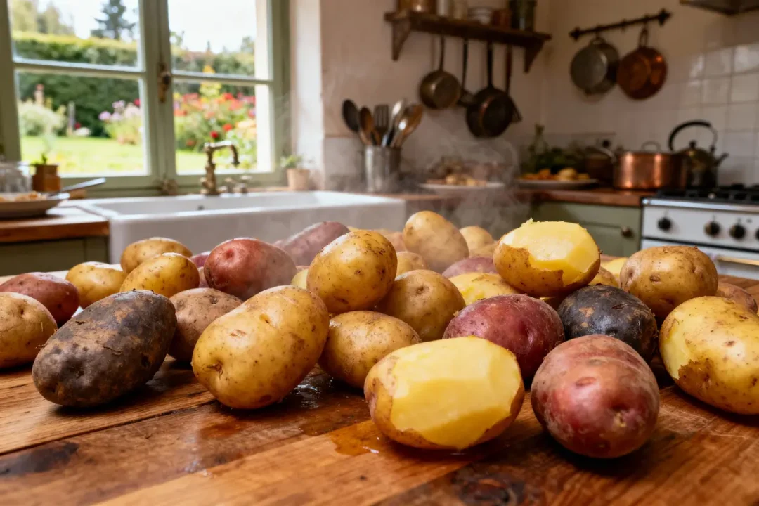 Pommes de terre de différentes variétés sur une table en bois dans une cuisine avec vue sur le jardin.