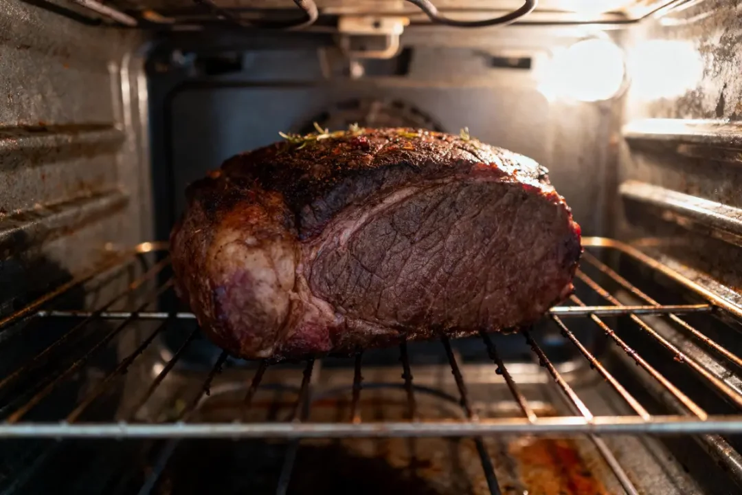 Rôti de bœuf juteux cuit au four, légèrement doré avec herbes. Lumière chaude, grille métallique visible.
