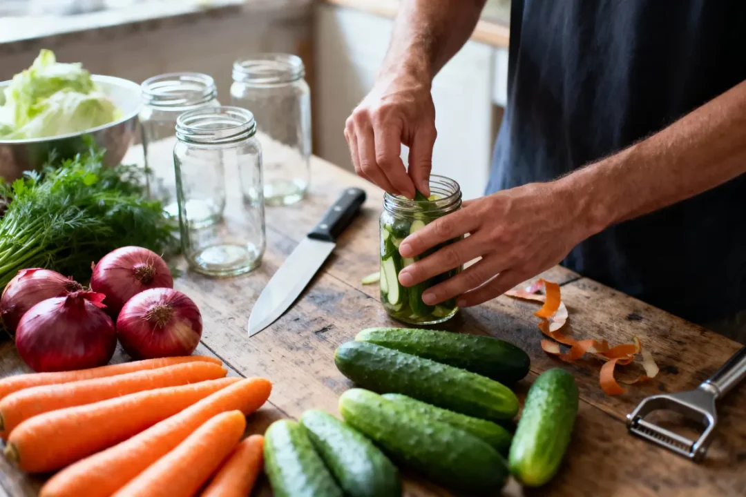 Personne préparant des cornichons avec concombres, carottes, oignons et herbes sur une table en bois, bocaux vides.