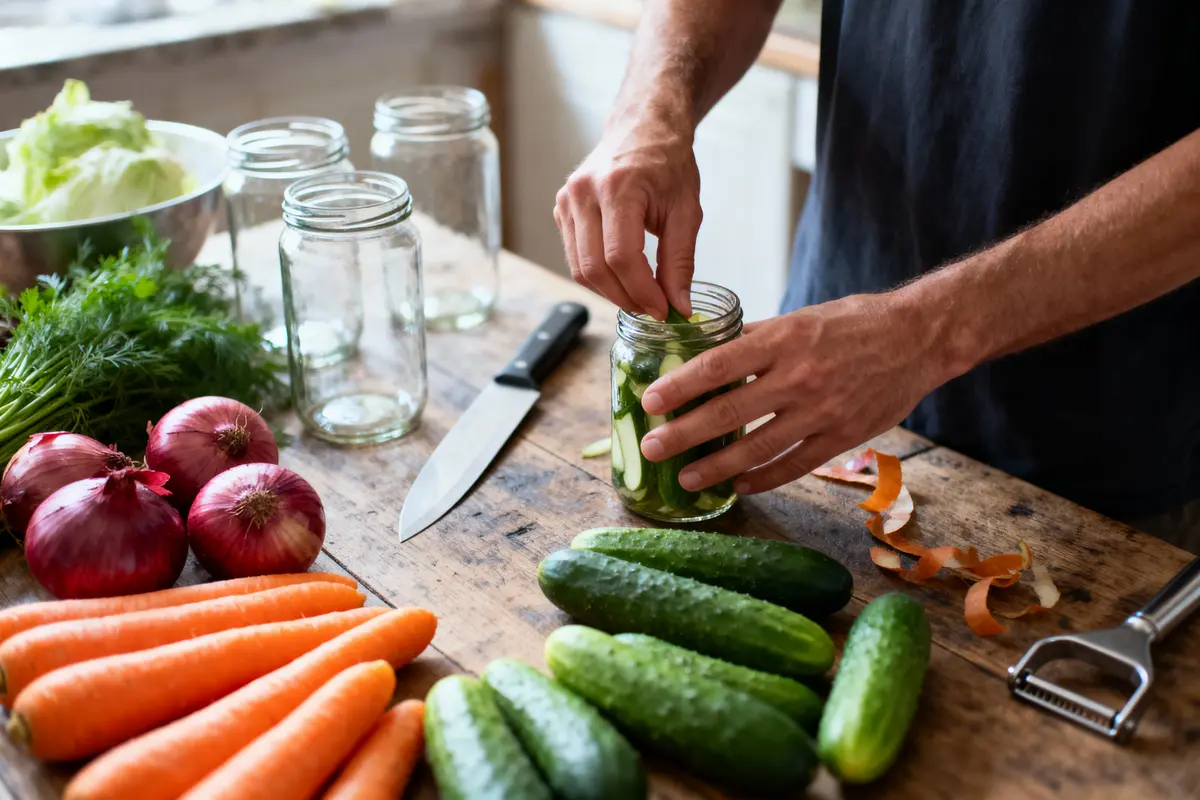 Personne préparant des cornichons avec concombres, carottes, oignons et herbes sur une table en bois, bocaux vides.